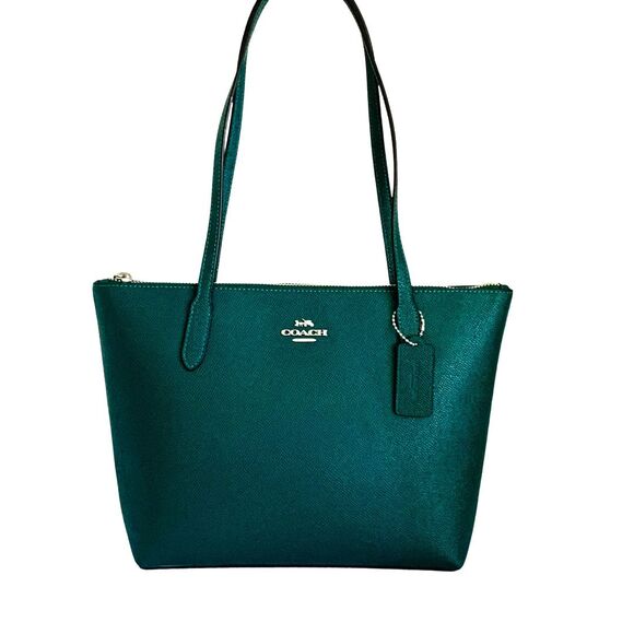 COACH Fiona Zip Tote Bag Emerald Green Crossgrain LeZipather New with Tag - Picture 1 of 11